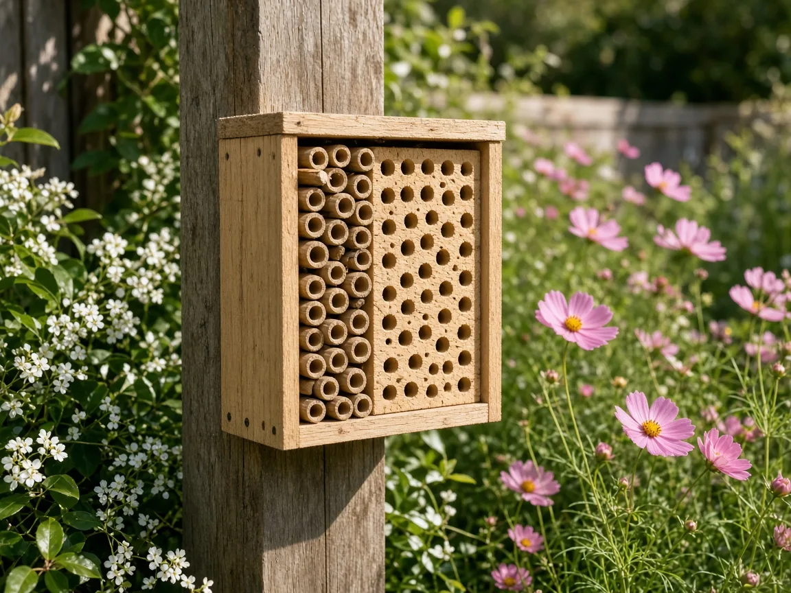 Wooden leafcutter bee hotel with reed tubes mounted on a sunny garden fence near flowering plants