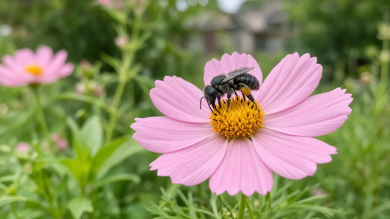 Dark leafcutter bee foraging on a pink cosmos flower in a sunny home garden