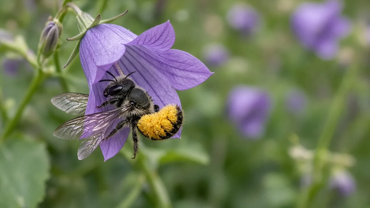 Leafcutter bee with golden pollen on its abdomen while foraging on a purple campanula flower