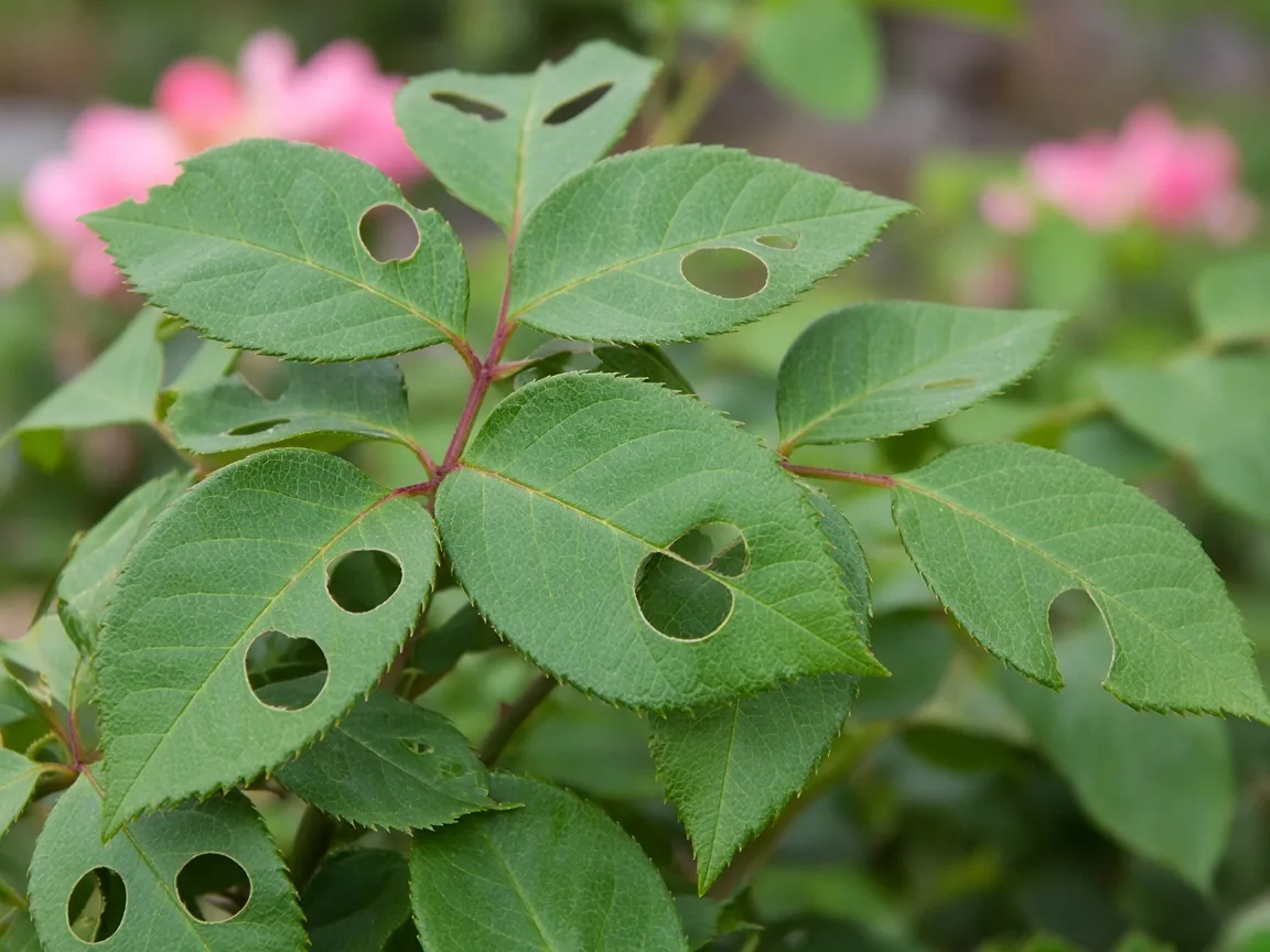 Rose shrub leaves with neat circular holes cut by a leafcutter bee for nest material