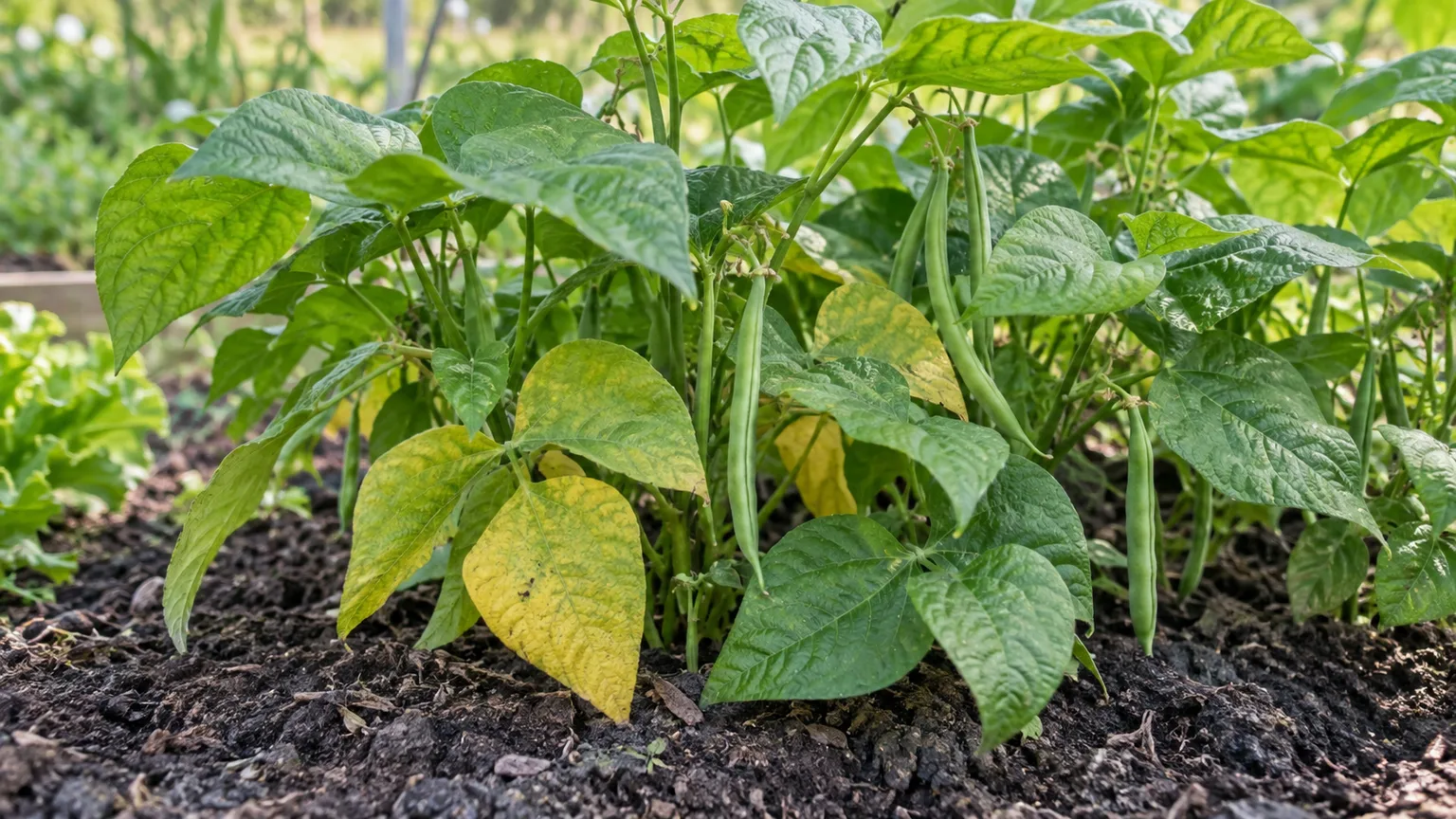Green bean plants with several yellowing lower leaves and healthy green foliage.