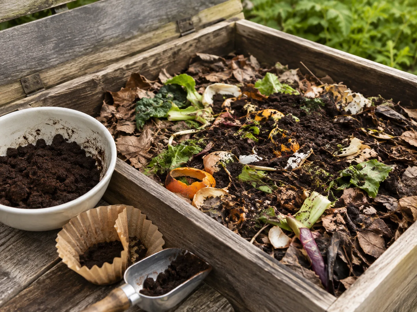 Used coffee grounds beside a mixed compost pile of leaves and vegetable scraps