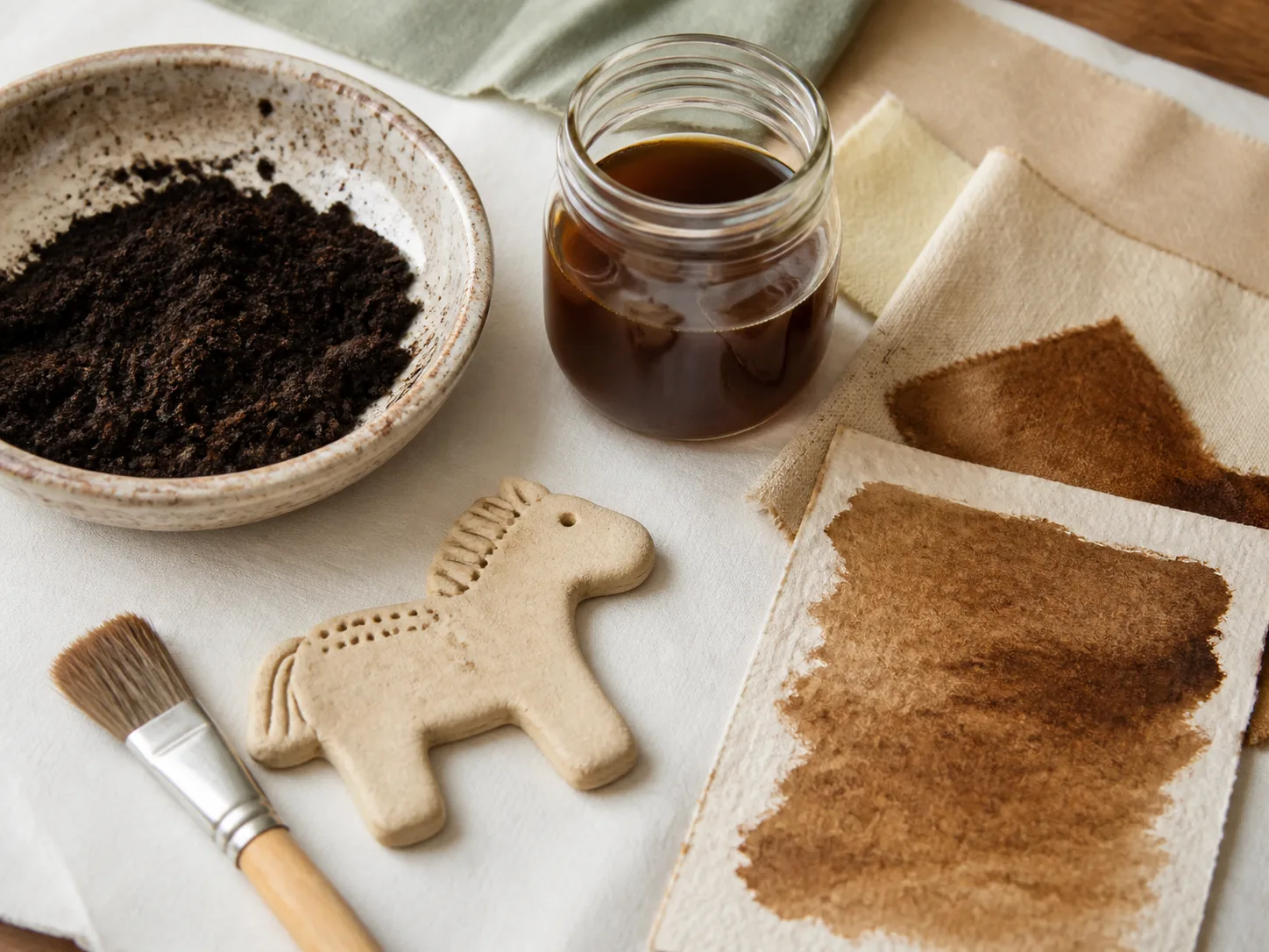 Coffee grounds, brewed coffee dye, fabric swatches, and a simple clay animal on a craft table