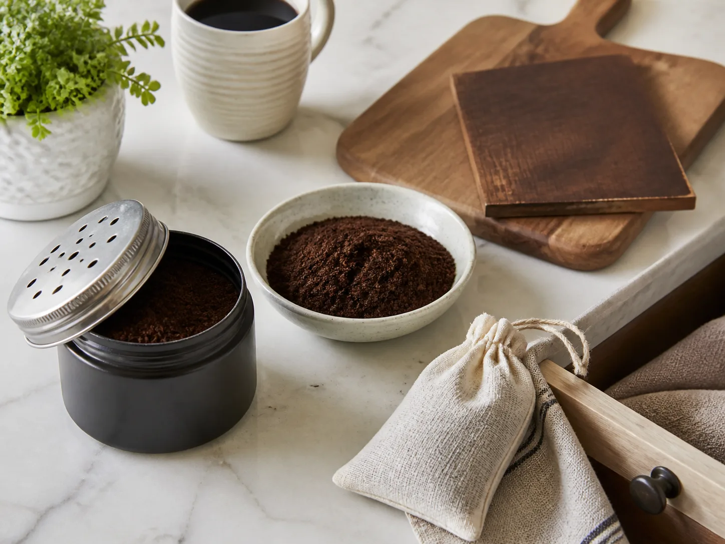 Dry coffee grounds in a ventilated jar and sachet beside a dark wood test piece