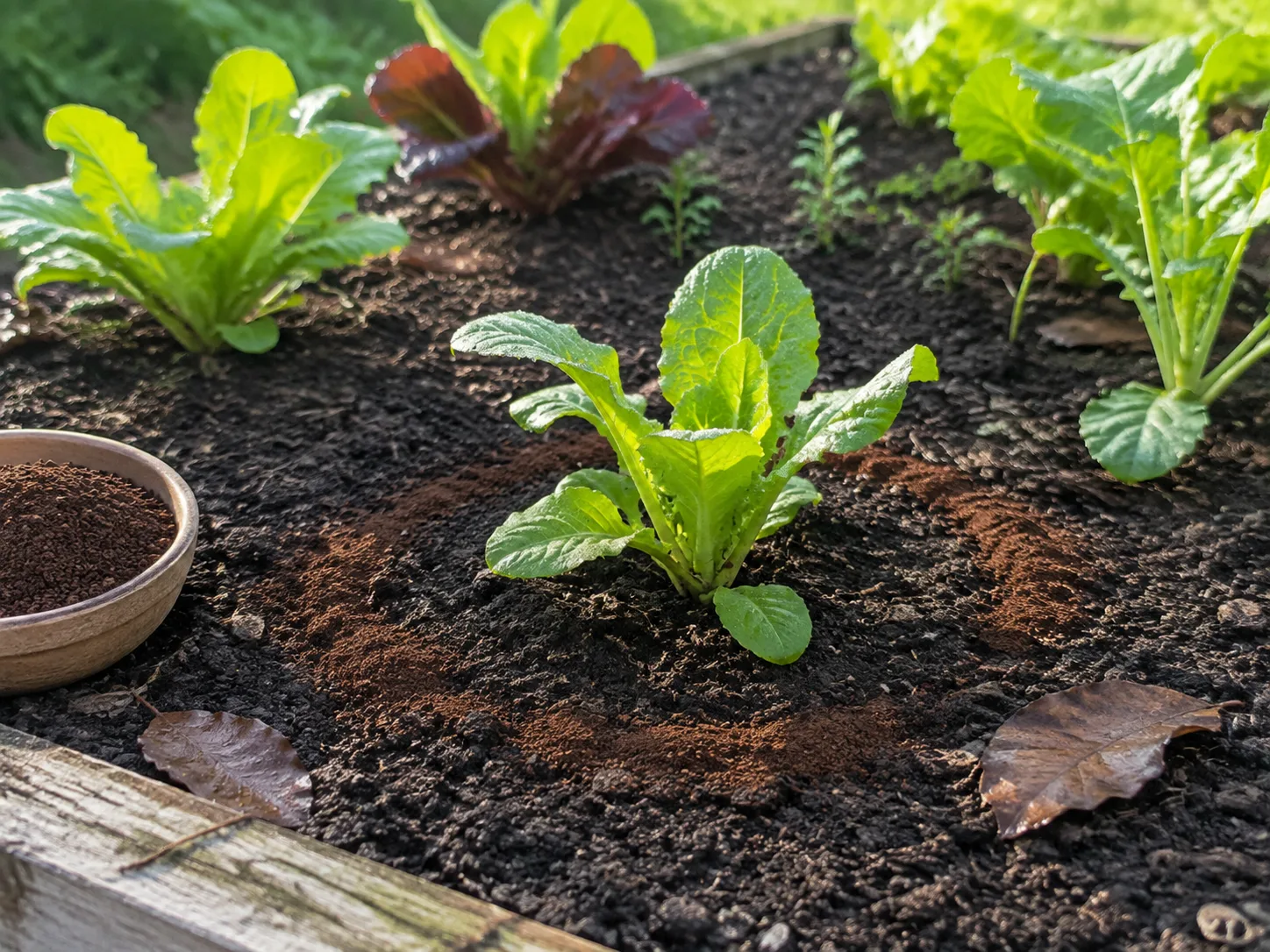 Thin rings of used coffee grounds around young lettuce in a vegetable garden bed