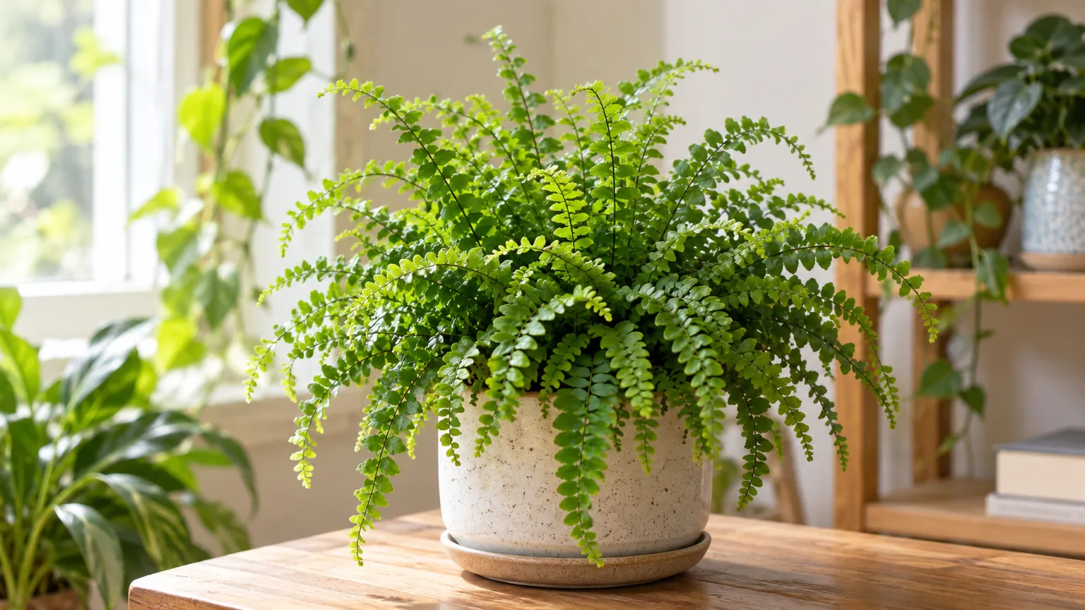 Healthy lemon button fern with compact, arching fronds in a bright indoor plant corner