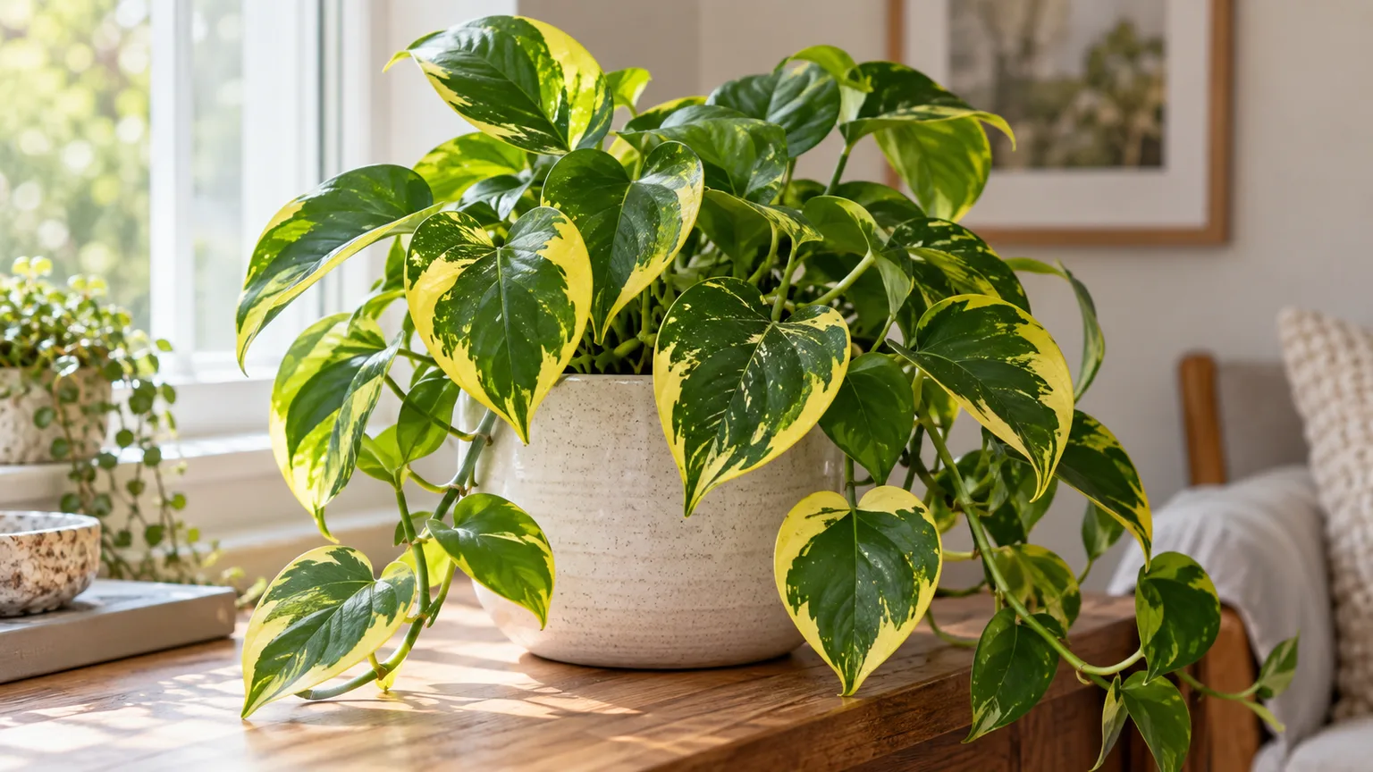 Healthy Lemon Meringue pothos with dark green leaf centers and bright golden-yellow margins in filtered indoor light
