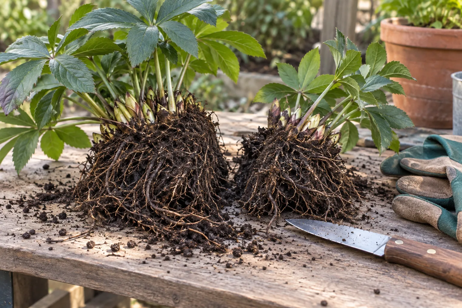 Mature hybrid Lenten rose clump separated into two rooted divisions beside clean tools