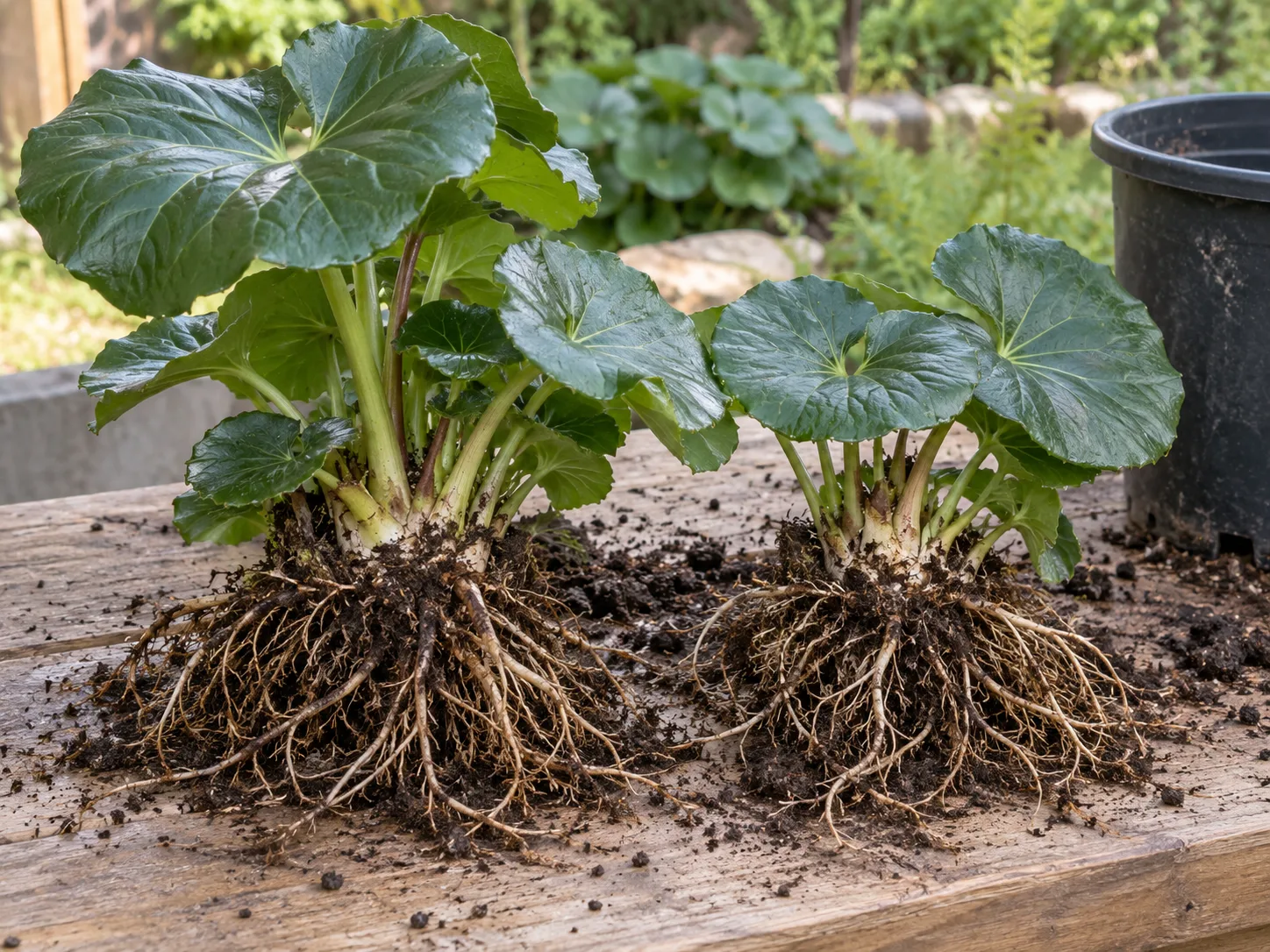Two leopard plant divisions with healthy crowns, roots, and glossy leaves