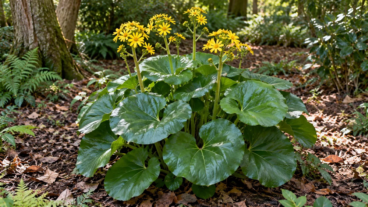 Leopard plant with glossy rounded leaves and yellow flowers in filtered shade