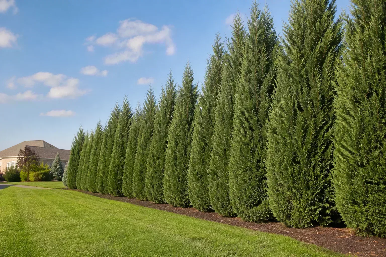 Cypress trees and a dense evergreen privacy screen in a sunny landscaped garden
