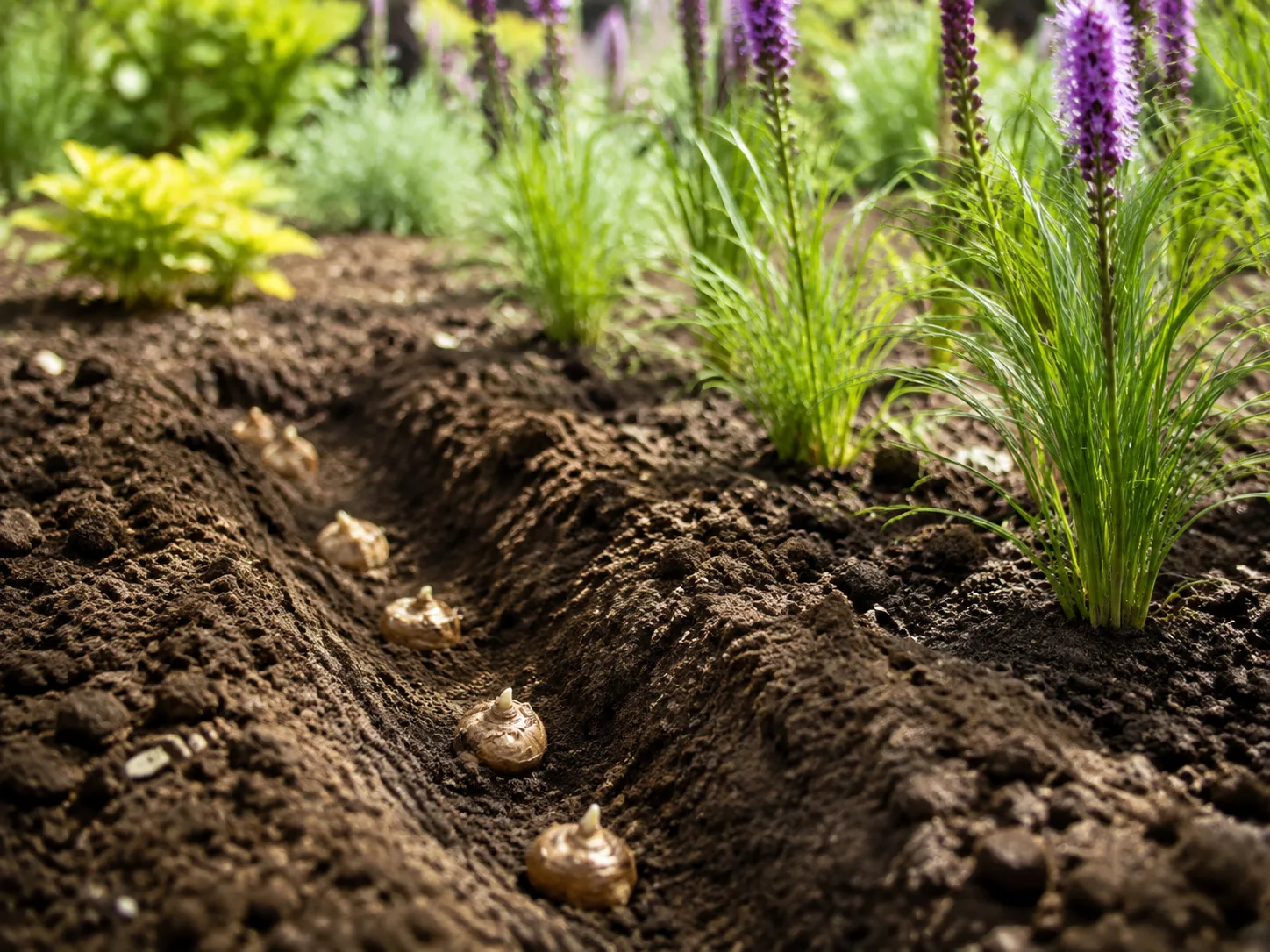 Liatris corms placed eyes-up in a prepared outdoor planting furrow