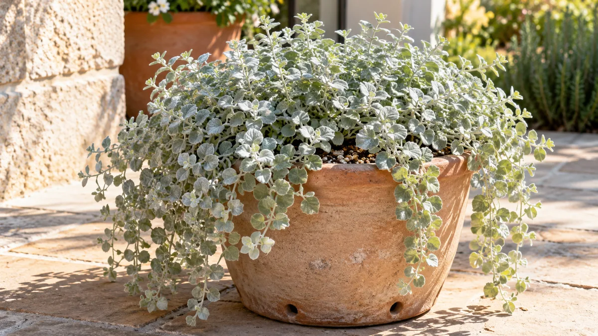 Licorice plant with trailing silver foliage growing in a sunlit outdoor container