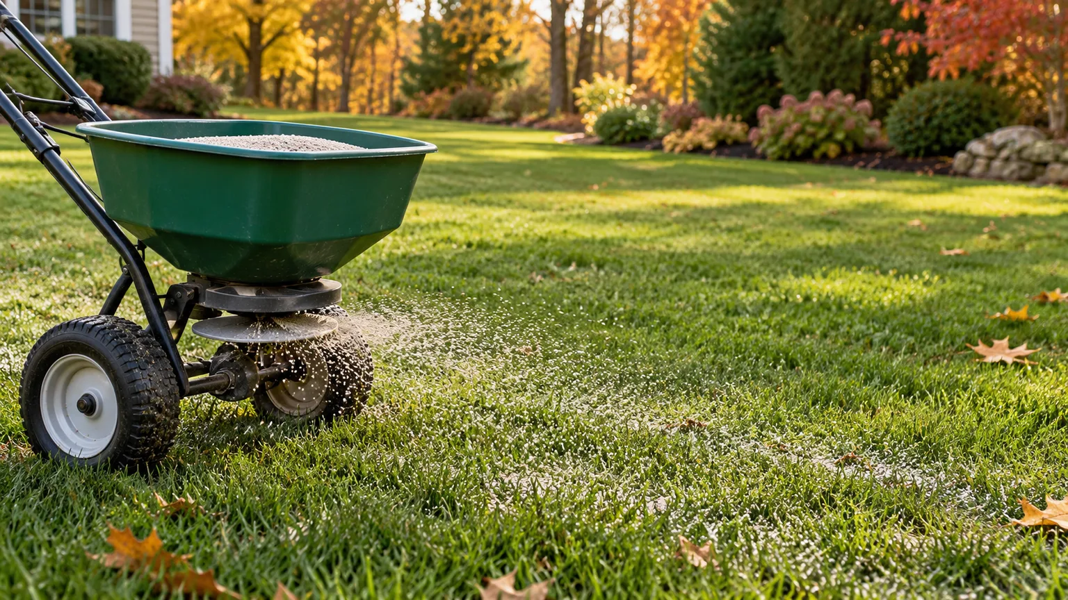 A broadcast spreader applies a light, even layer of granular limestone across a green lawn in autumn.