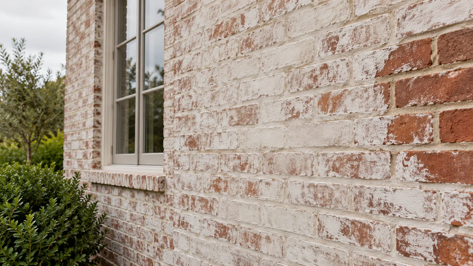 Red brick exterior with a matte, translucent warm-white limewash that leaves the masonry texture visible
