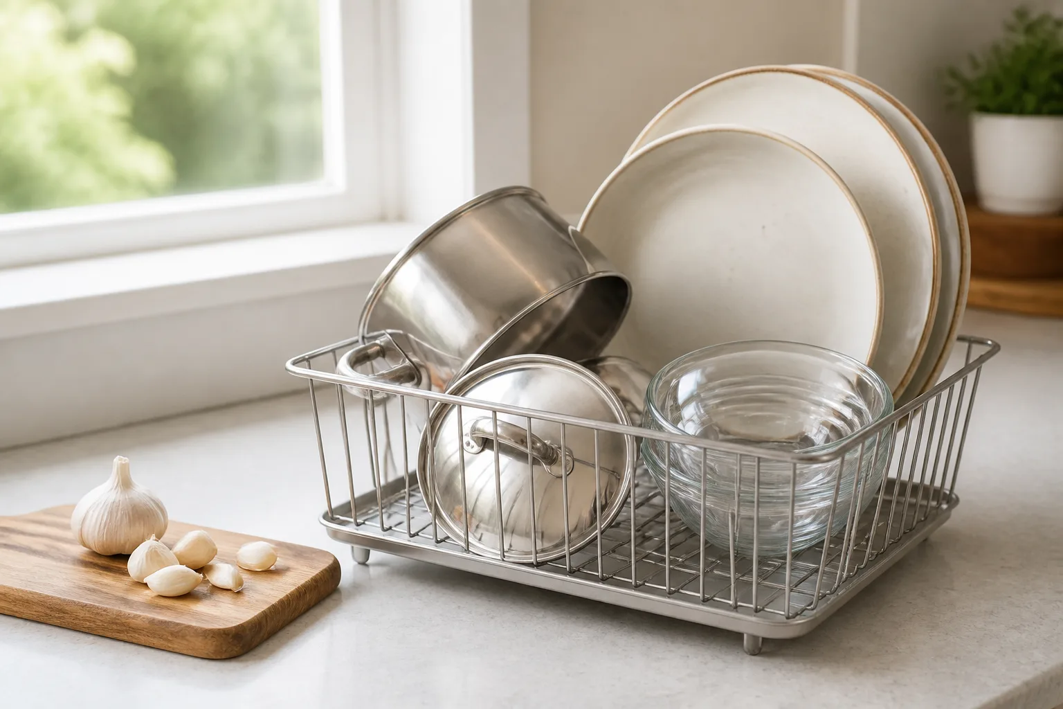 Clean ceramic plates and stainless steel pots on a wire drying rack beside peeled garlic cloves on a kitchen counter
