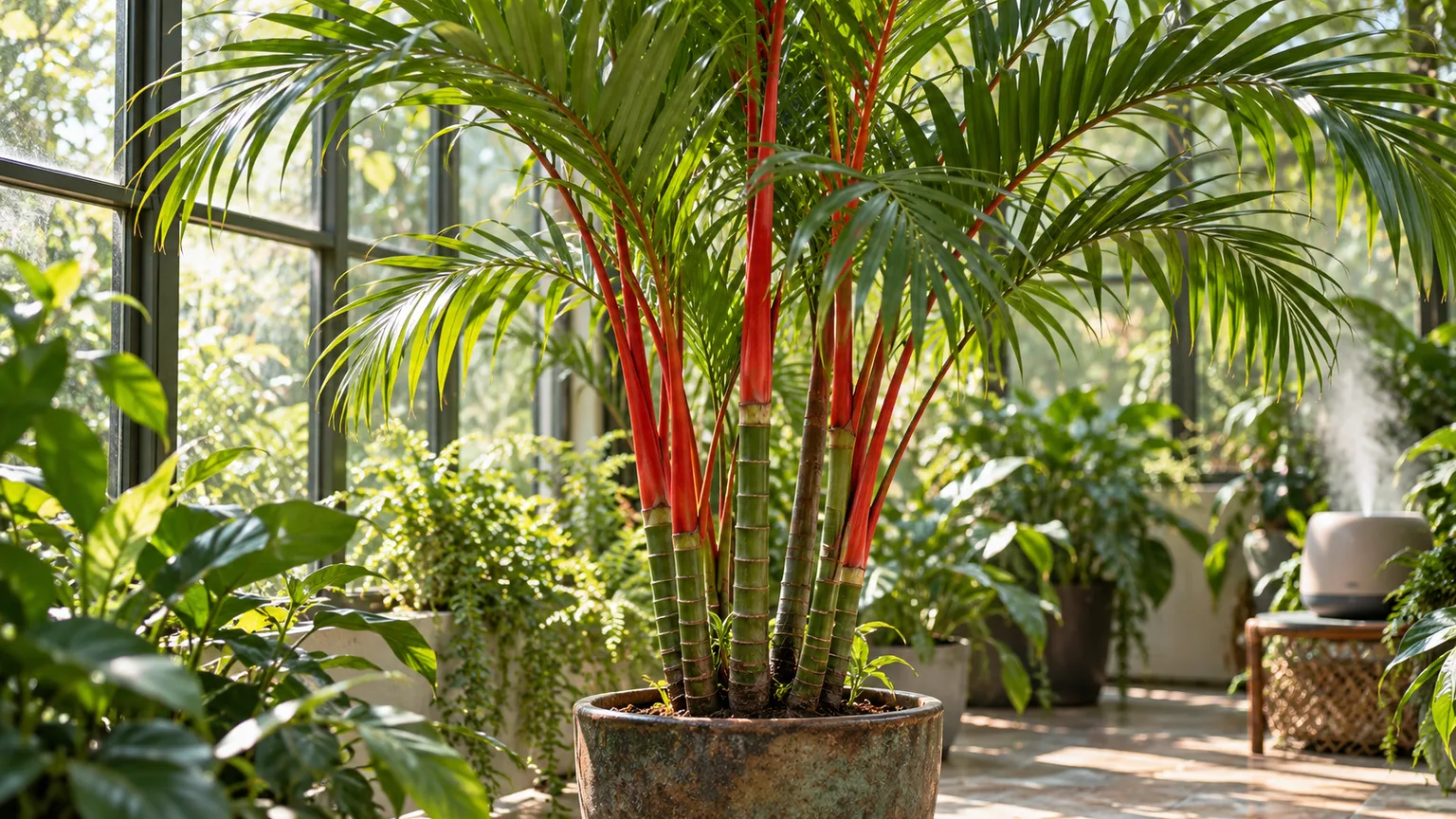 A lipstick palm in a bright, humid greenhouse with filtered window light