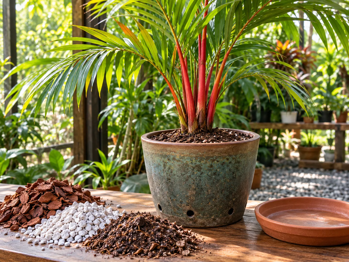 A lipstick palm planted at the correct depth in an airy mix with drainage holes