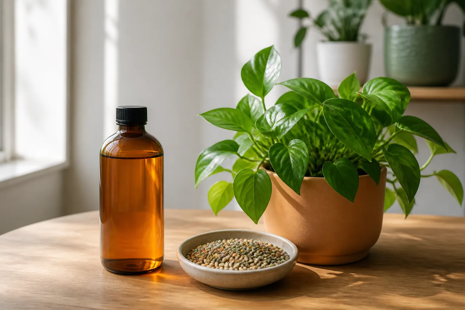 Liquid fertilizer bottle and slow-release prills beside a healthy houseplant
