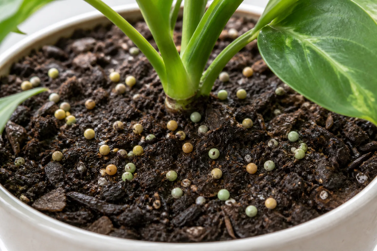 Slow-release fertilizer prills on the surface of potting mix