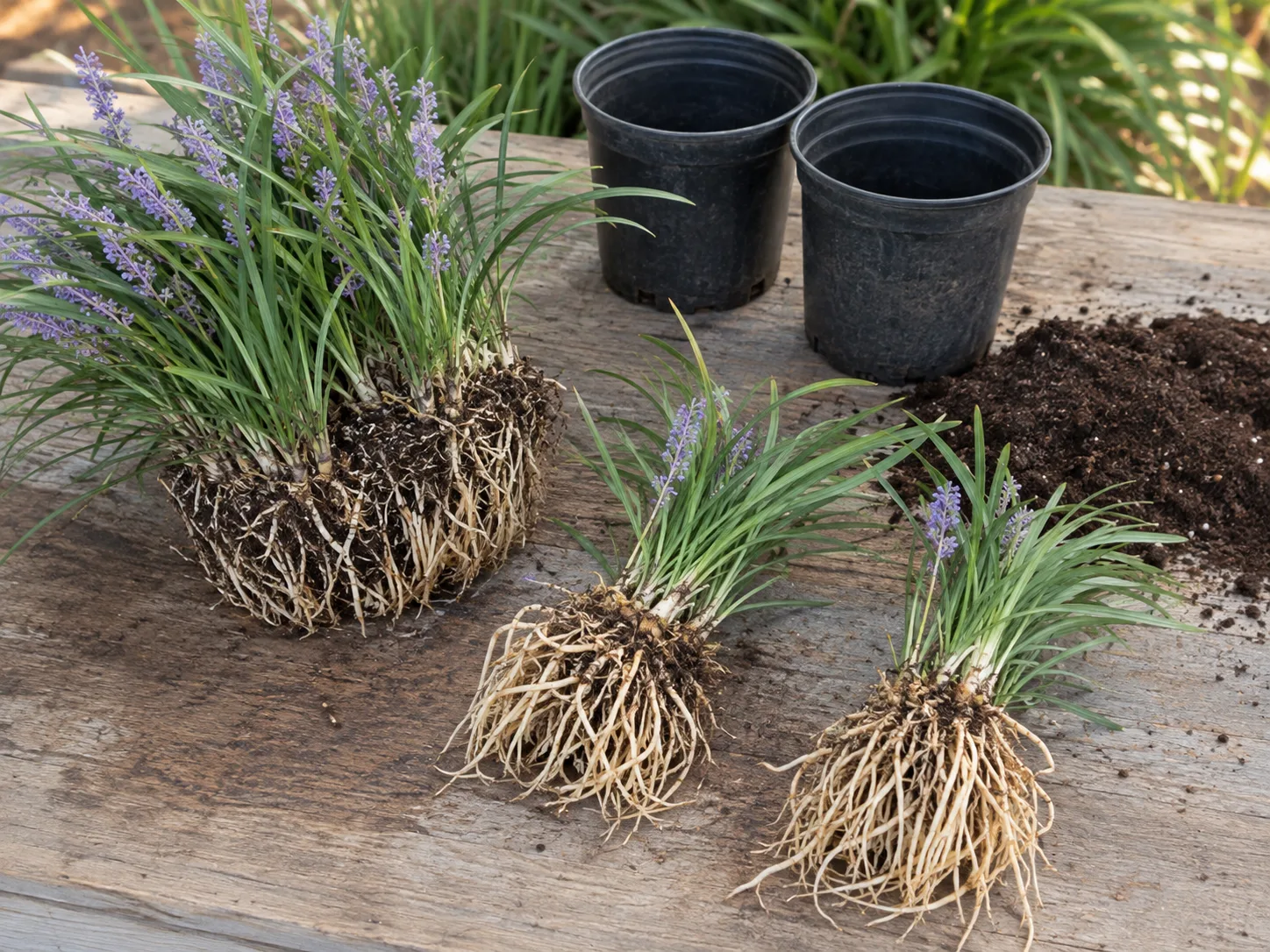 Liriope clump separated into rooted divisions ready for replanting