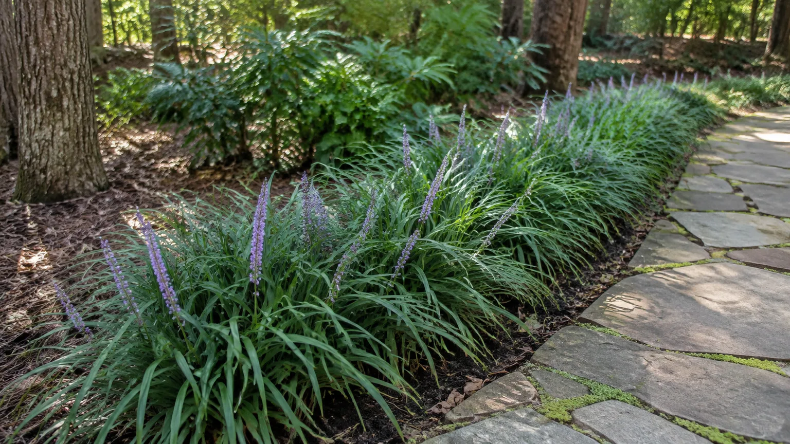 Healthy liriope forming a contained border along a shaded stone walkway