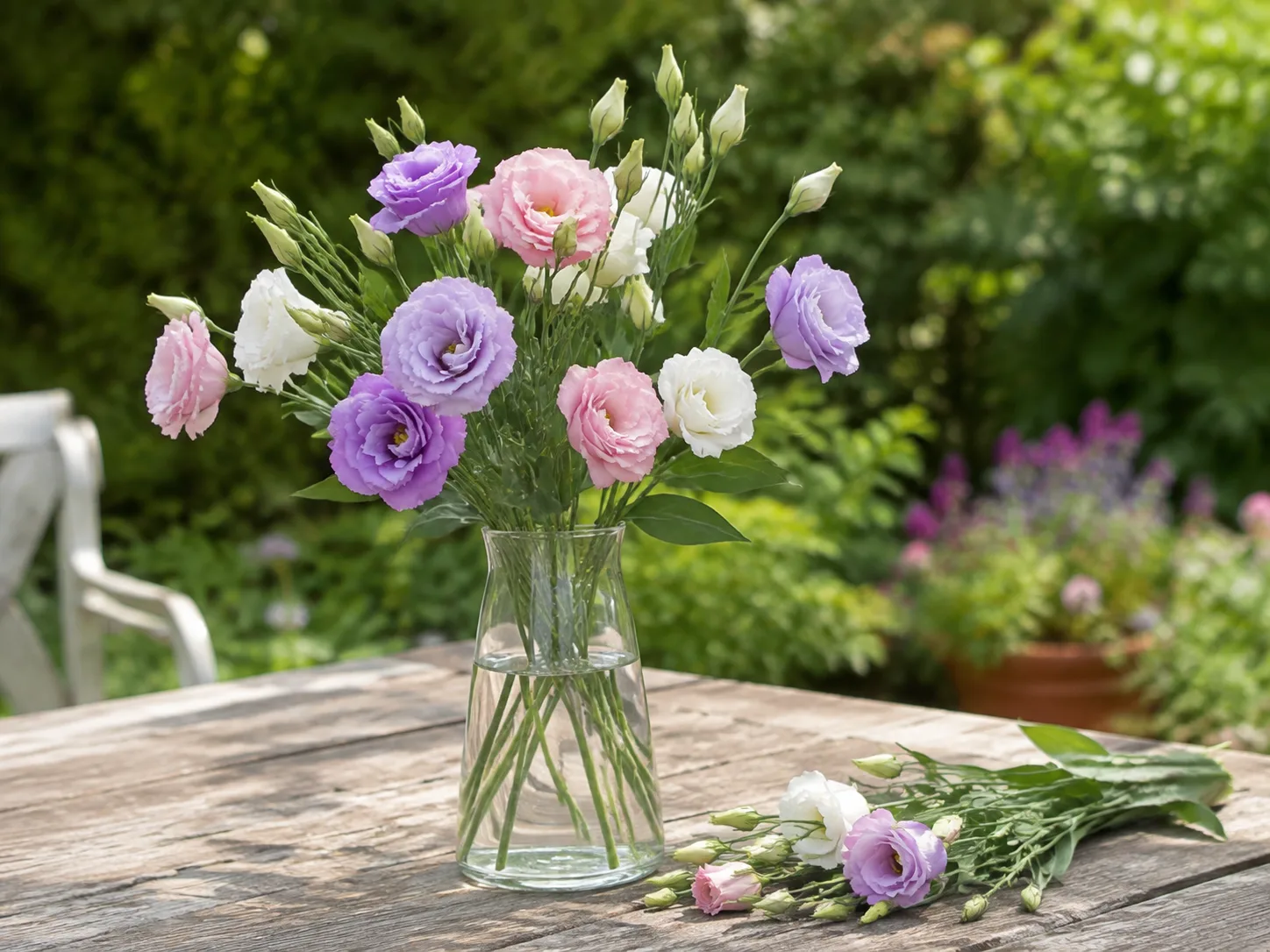 Fresh lisianthus stems with open flowers and colored buds arranged in a clear vase