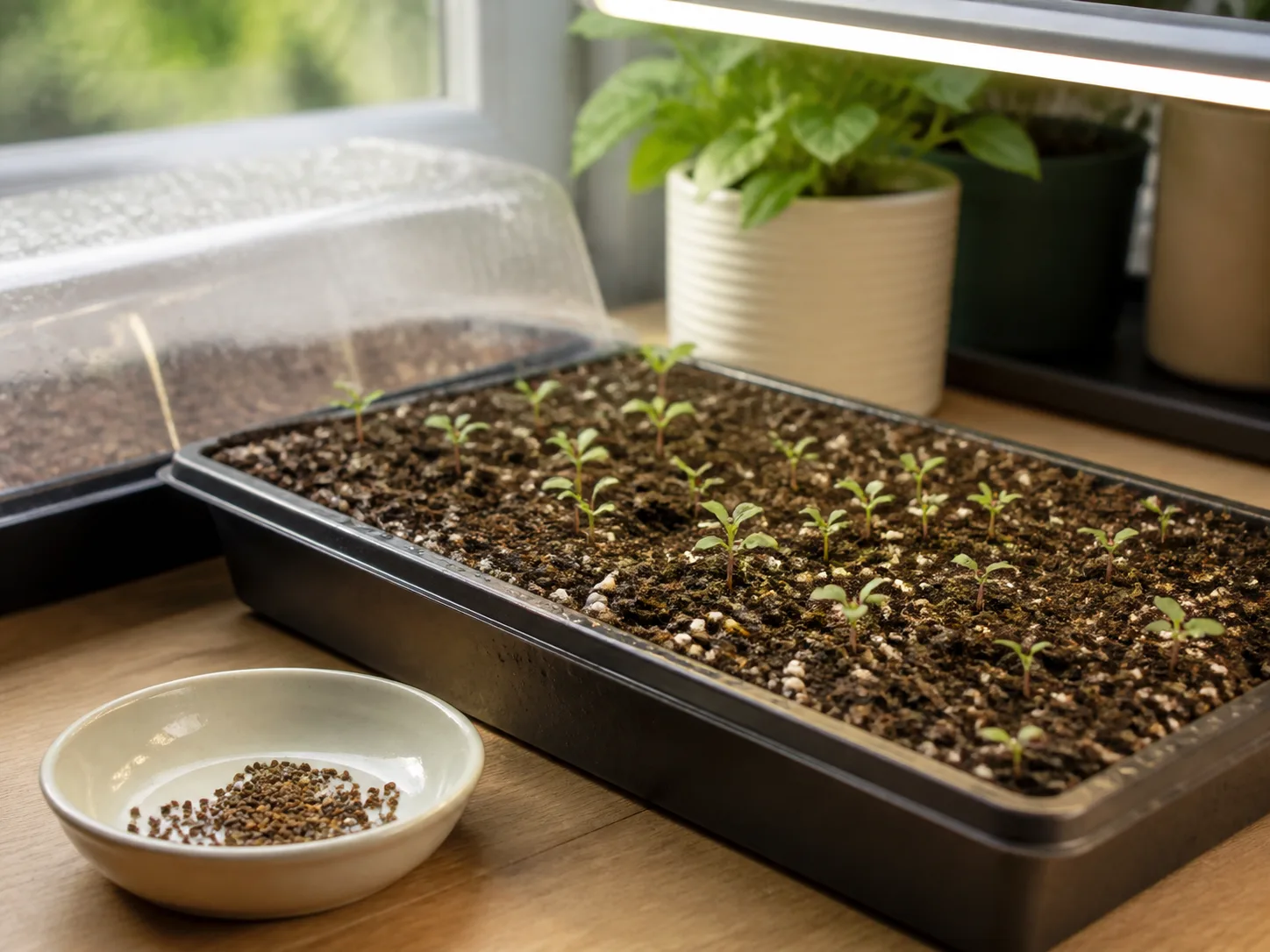 Lisianthus seedlings growing in a clean seed tray beneath a grow light beside pelleted seeds