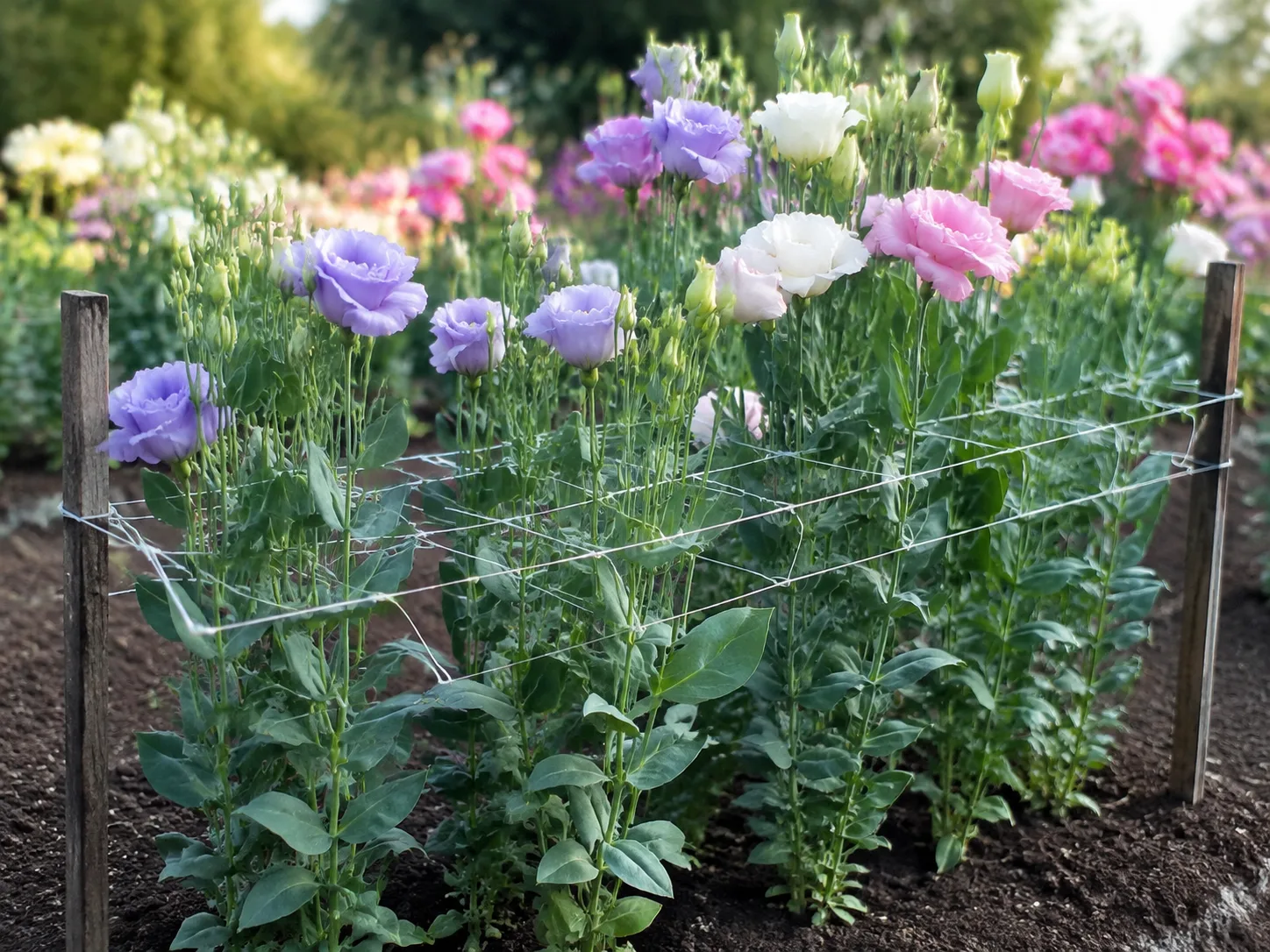 Tall lisianthus stems growing through practical horizontal flower-support netting in a cutting-garden bed