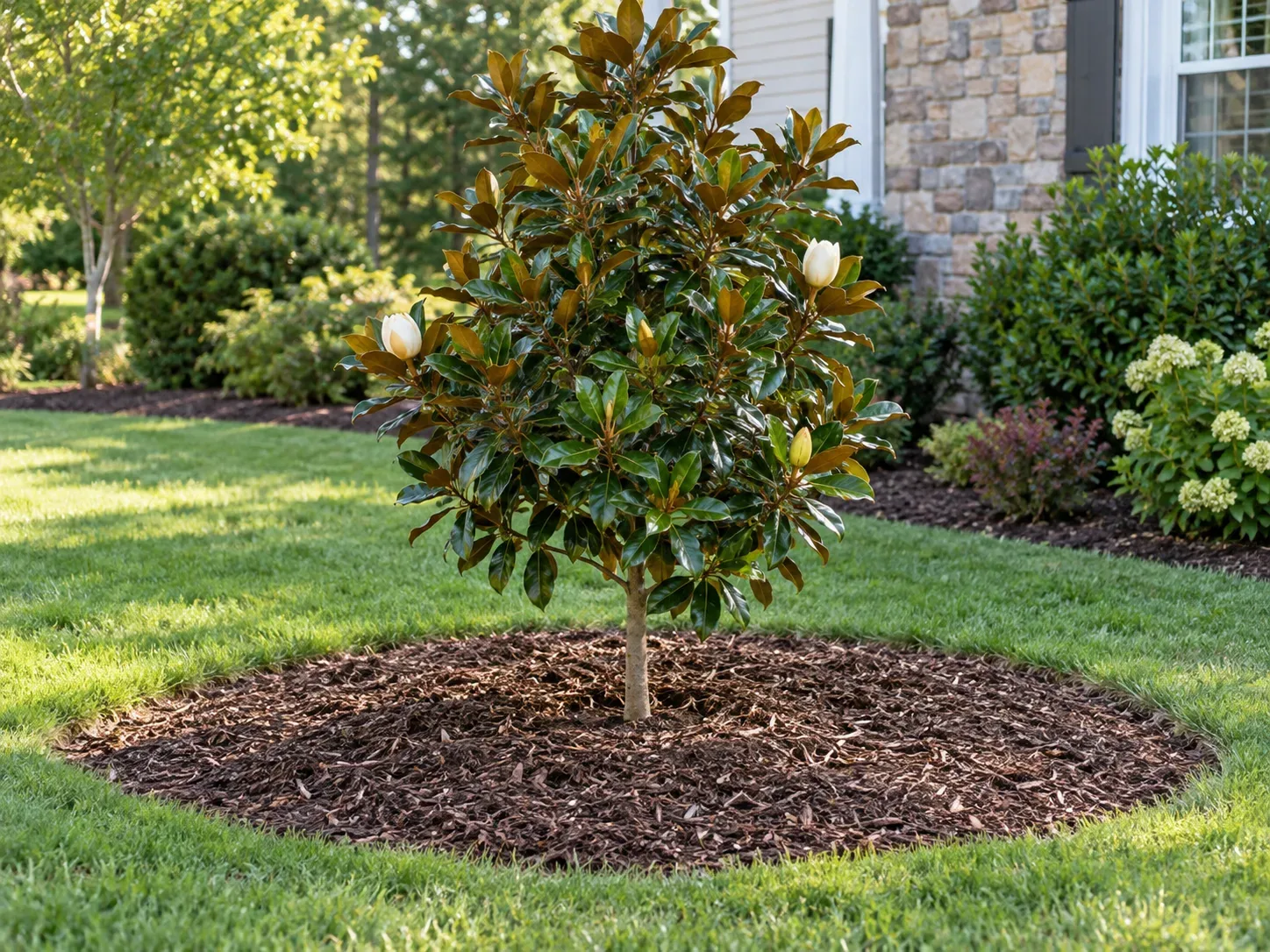 A young evergreen magnolia planted with an open mulch ring and space around the canopy