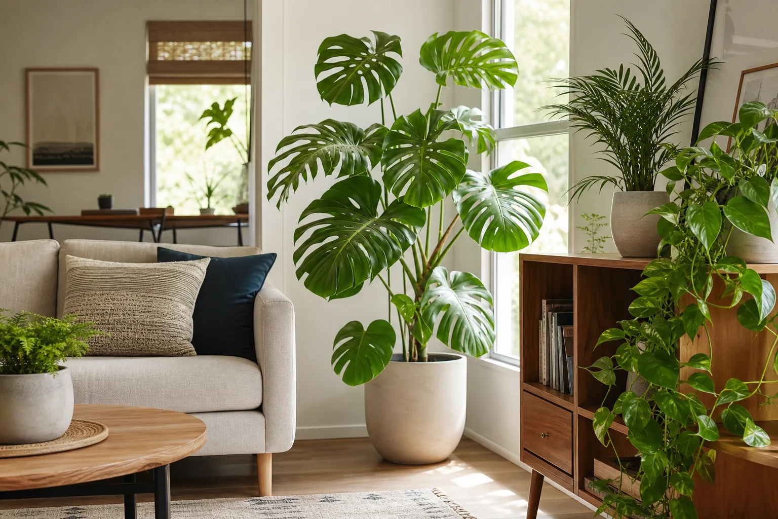 Styled living room with floor and shelf indoor plants near bright windows