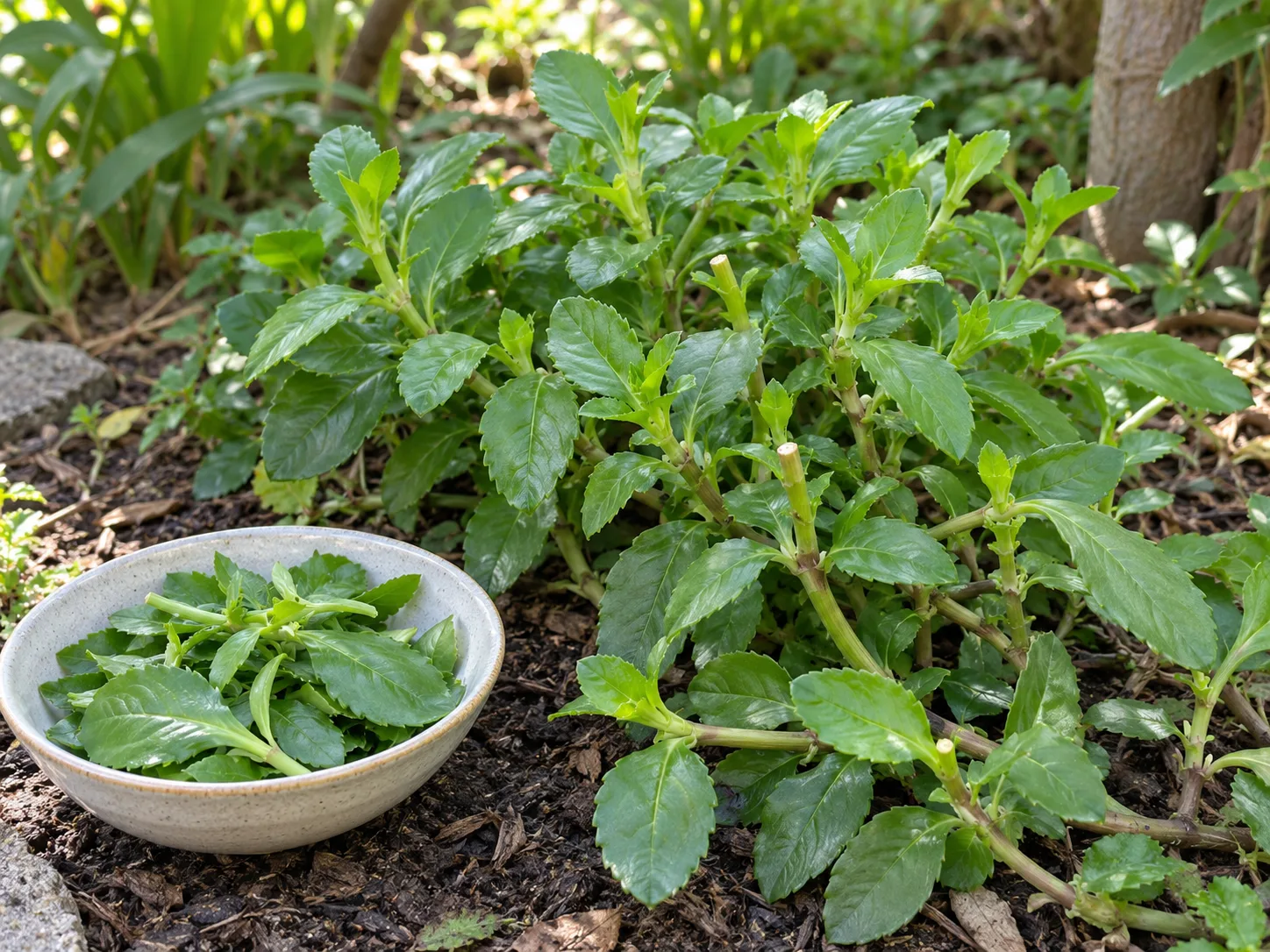 Freshly clipped longevity spinach tips beside a branching plant in a shaded edible garden