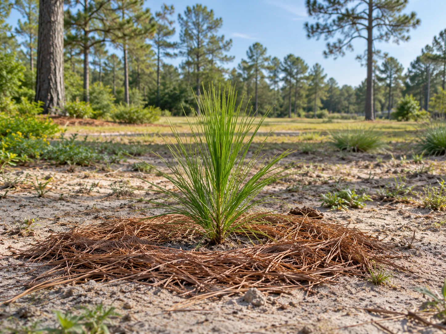 Newly planted longleaf pine seedling in an open sunny site with a shallow pine-straw mulch ring