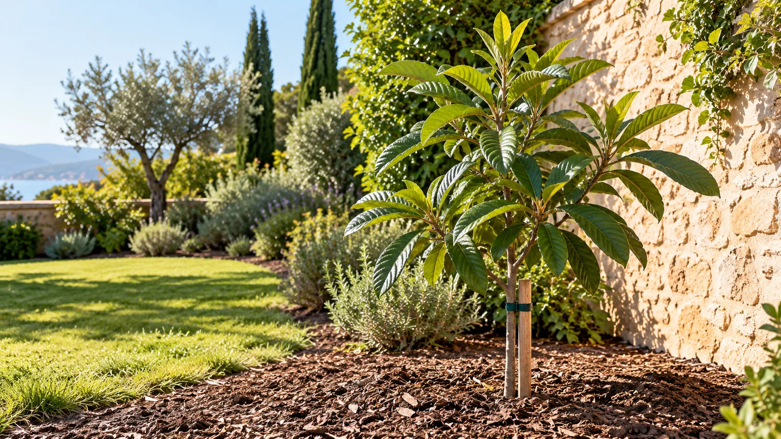 A young loquat tree planted in a sunny, sheltered site with well-drained soil