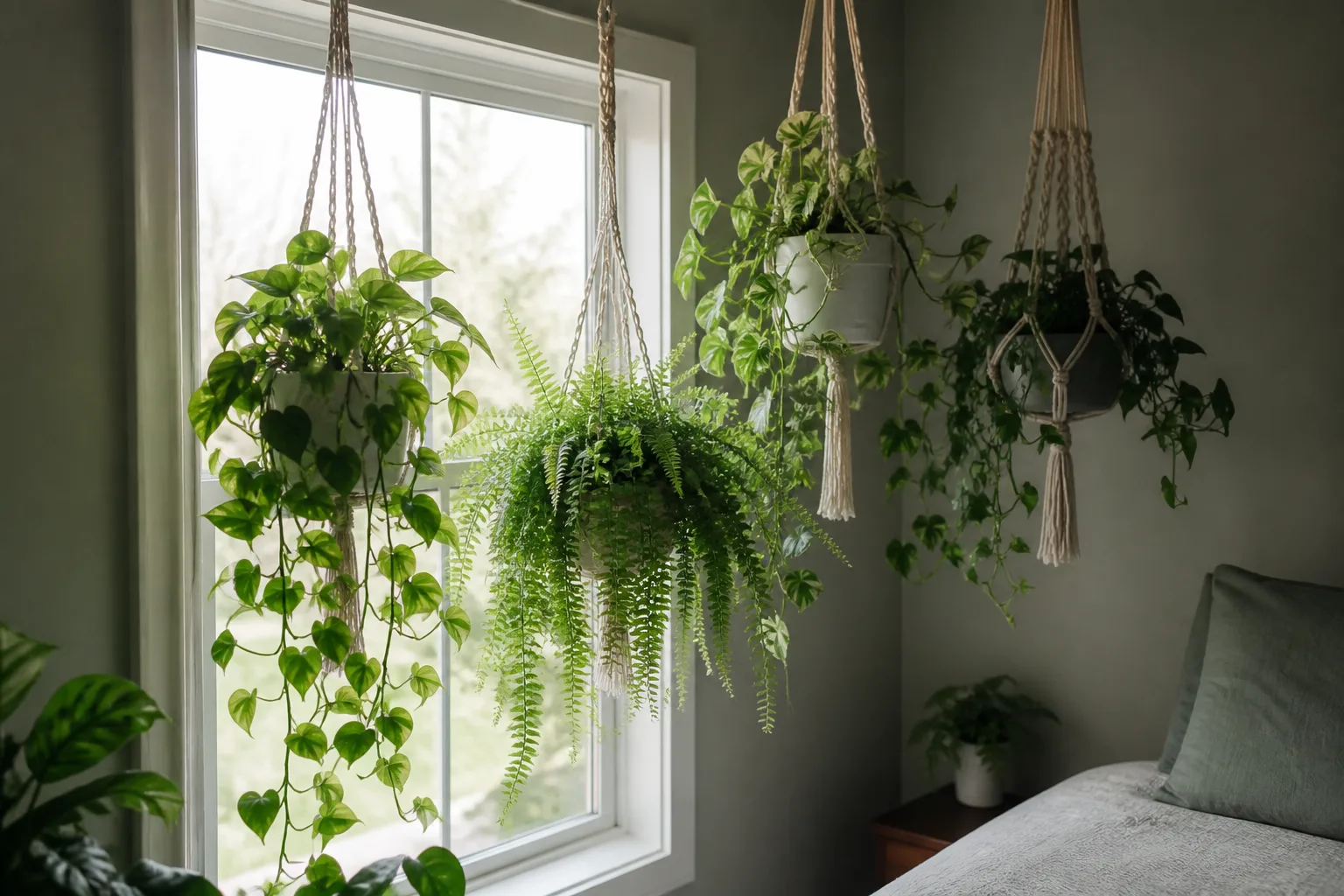 Trailing houseplants in a macrame hanging basket near a north-facing window with soft indirect light