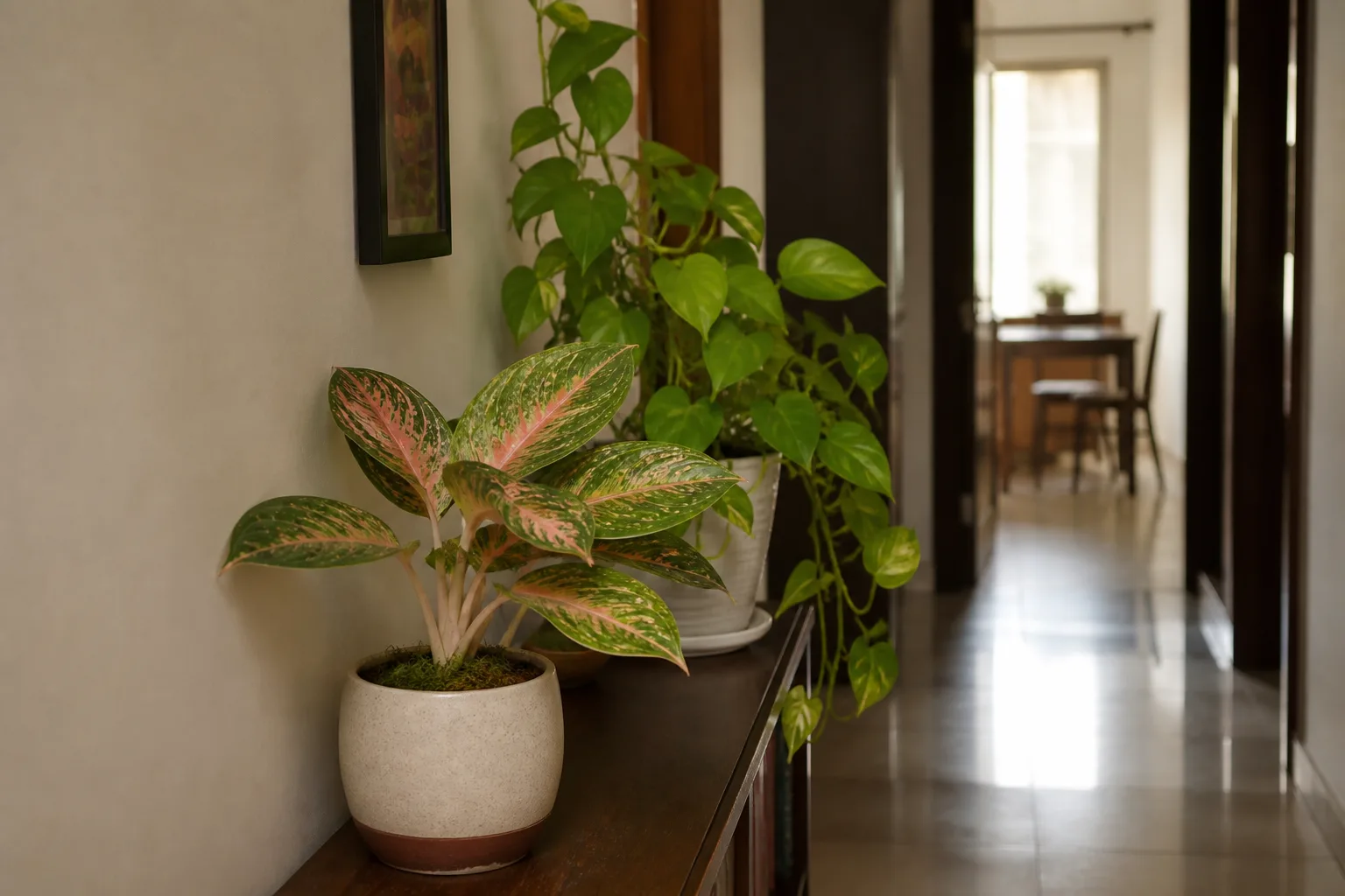 Aglaonema and pothos on a shelf in a low-light flat corridor