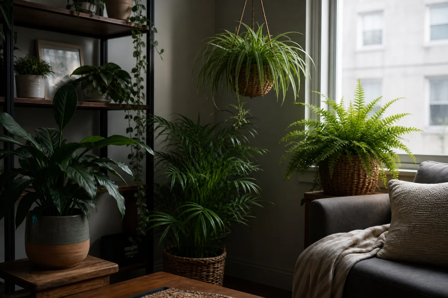 Cat-safe houseplants including cast iron plant, parlor palm, spider plant, and Boston fern in a softly lit north-facing room
