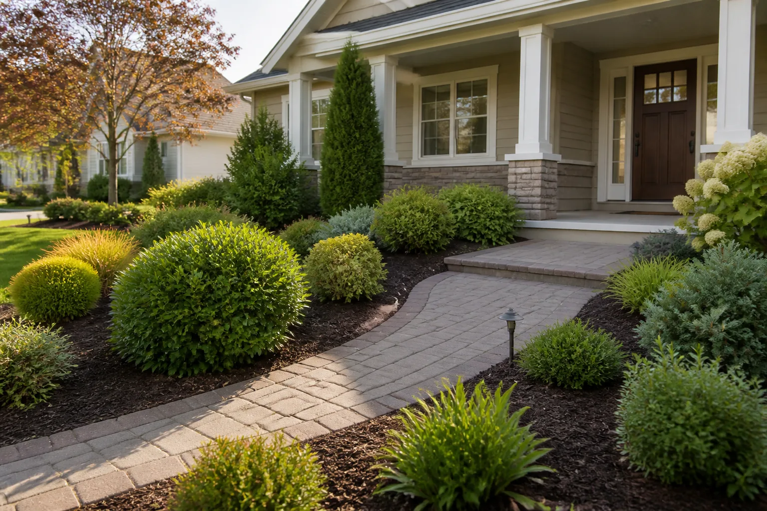 A tidy low-maintenance front yard with mixed shrubs, mulch beds, and a clear walkway to the entry