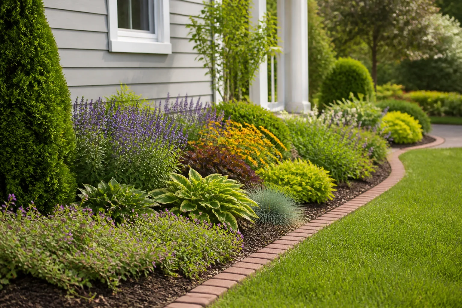 Low-growing groundcover plants forming a neat edge along a residential garden border