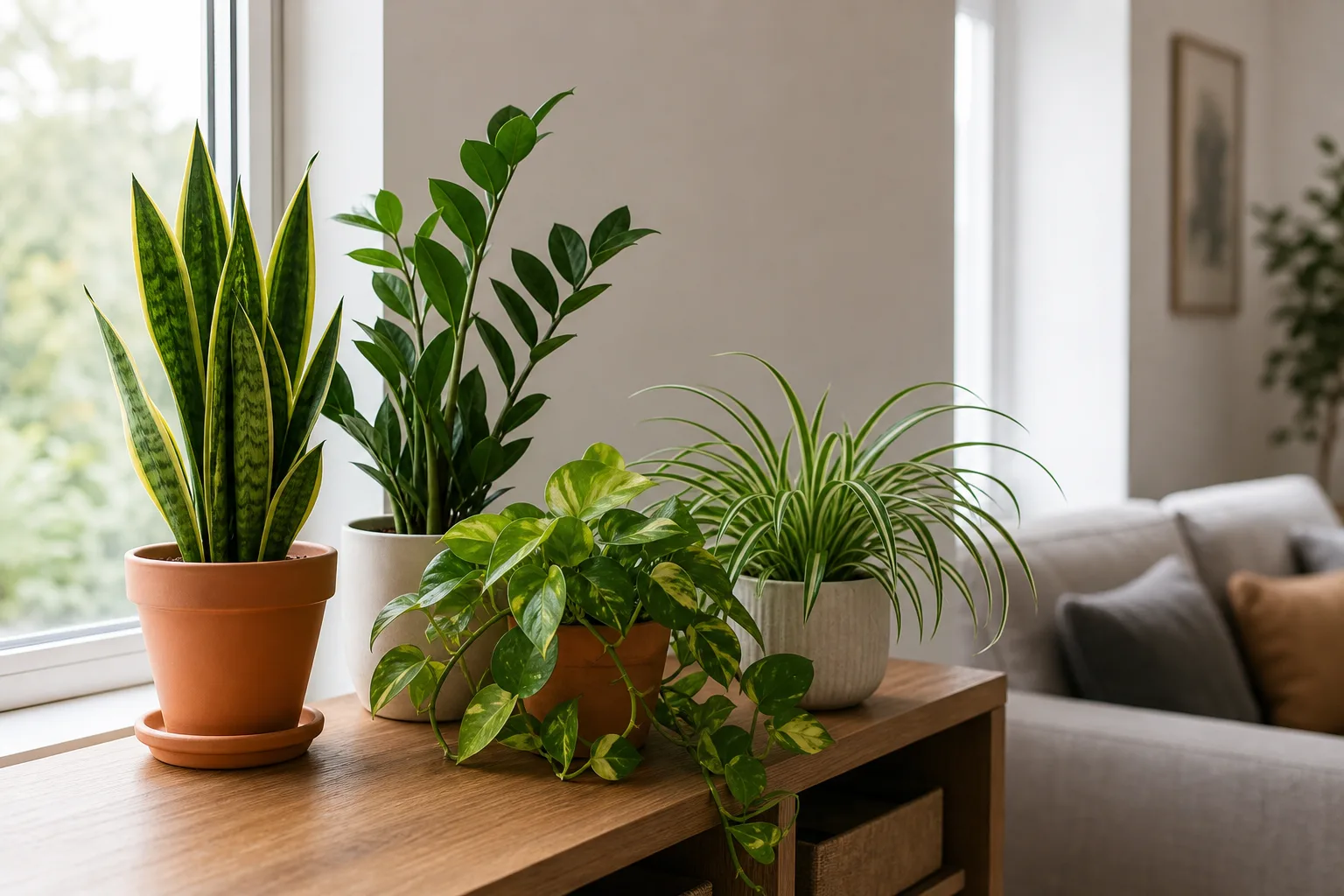 A collection of easy-care houseplants including Snake Plant, ZZ Plant, Pothos, and Spider Plant arranged on a modern shelf near a window