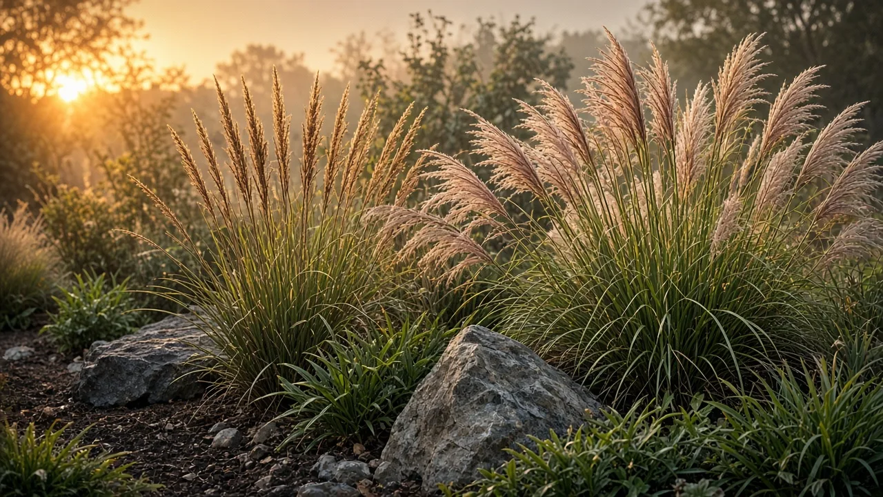 Repeated ornamental grasses lining a modern garden path for texture and structure