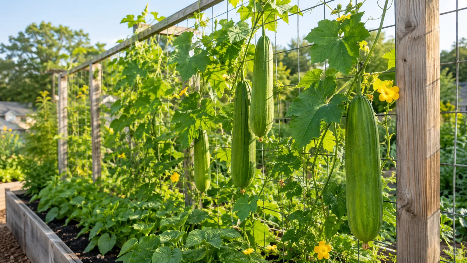 Healthy luffa vine with hanging green gourds on a sturdy garden trellis