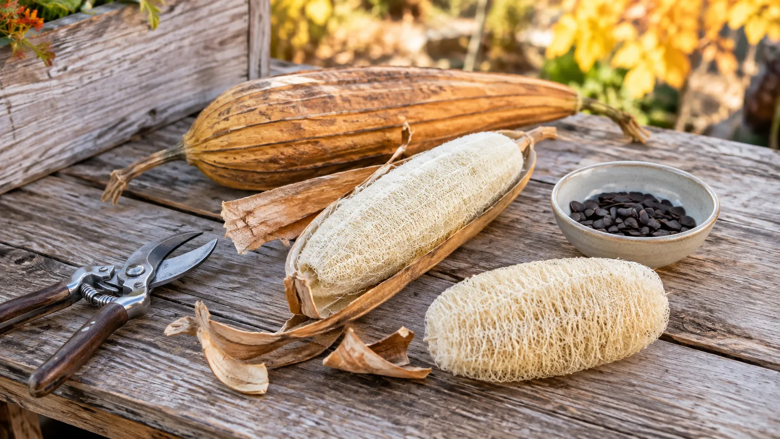 Dried luffa gourds, peeled sponge fibers, and saved dark seeds on a garden workbench