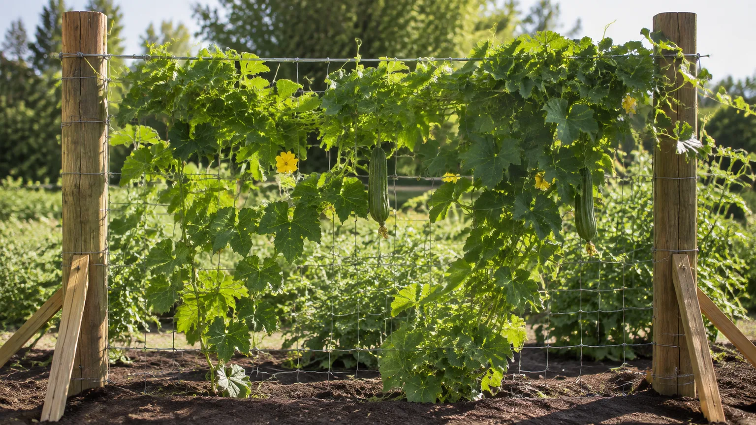 Healthy luffa vine trained on a sturdy wire-and-mesh trellis with hanging gourds