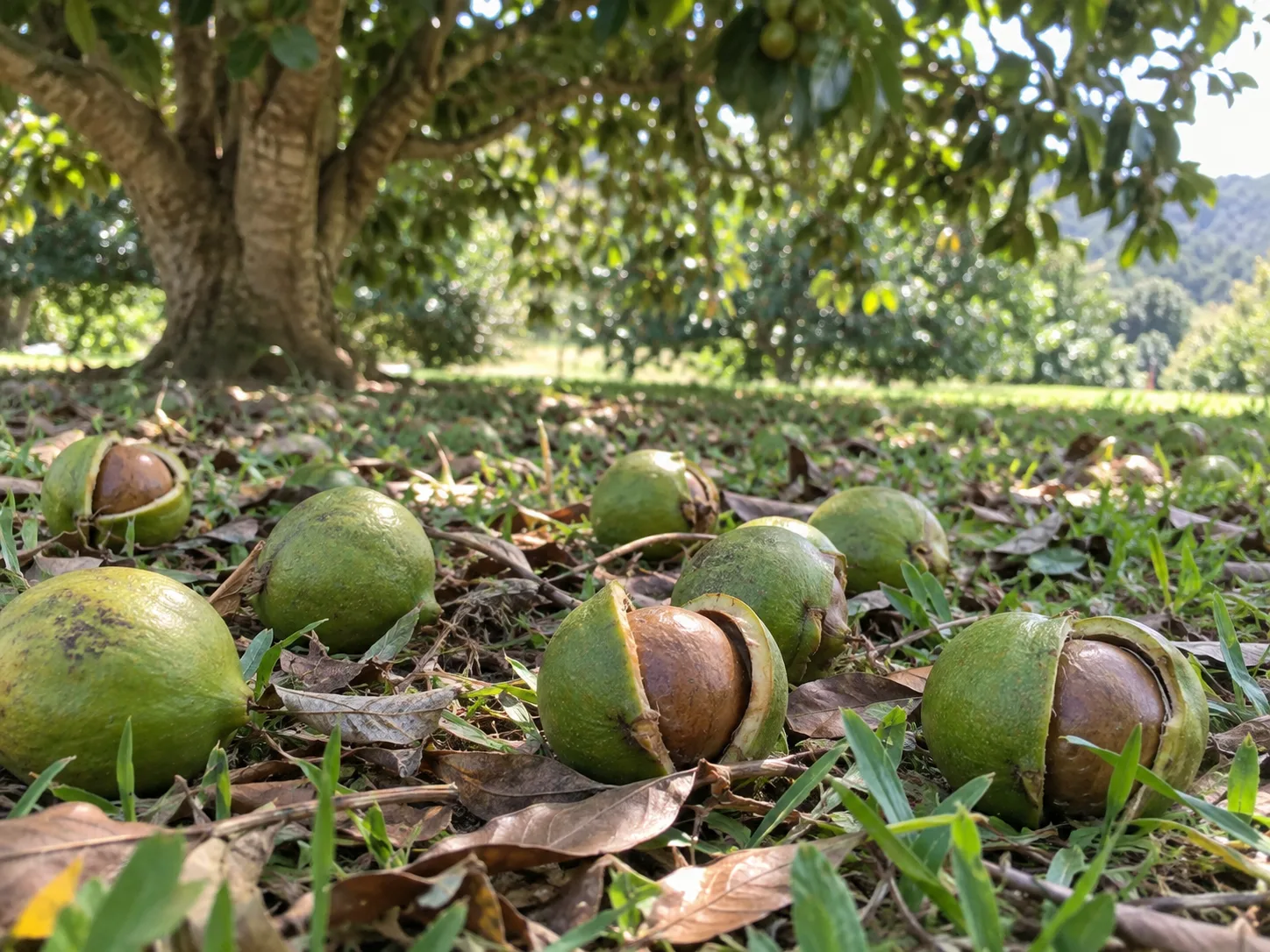 Fresh macadamia fruits with green husks and hard shells beneath a mature tree