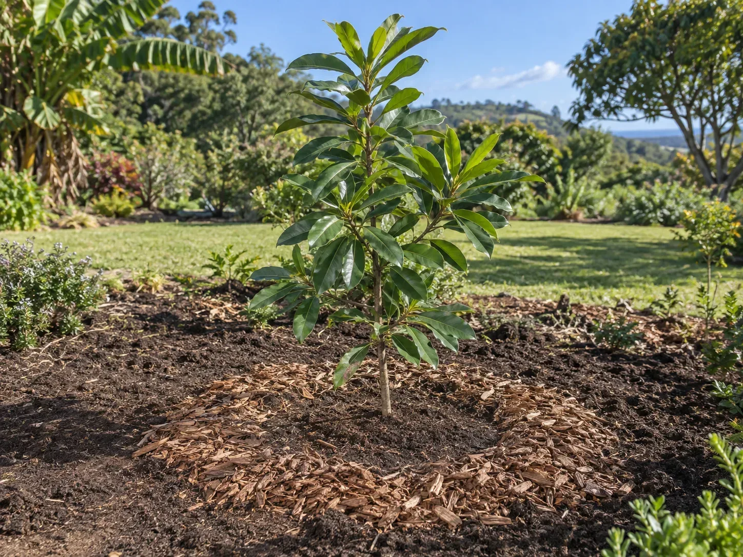 Young macadamia tree planted in a sunny subtropical garden with mulch kept clear of the trunk