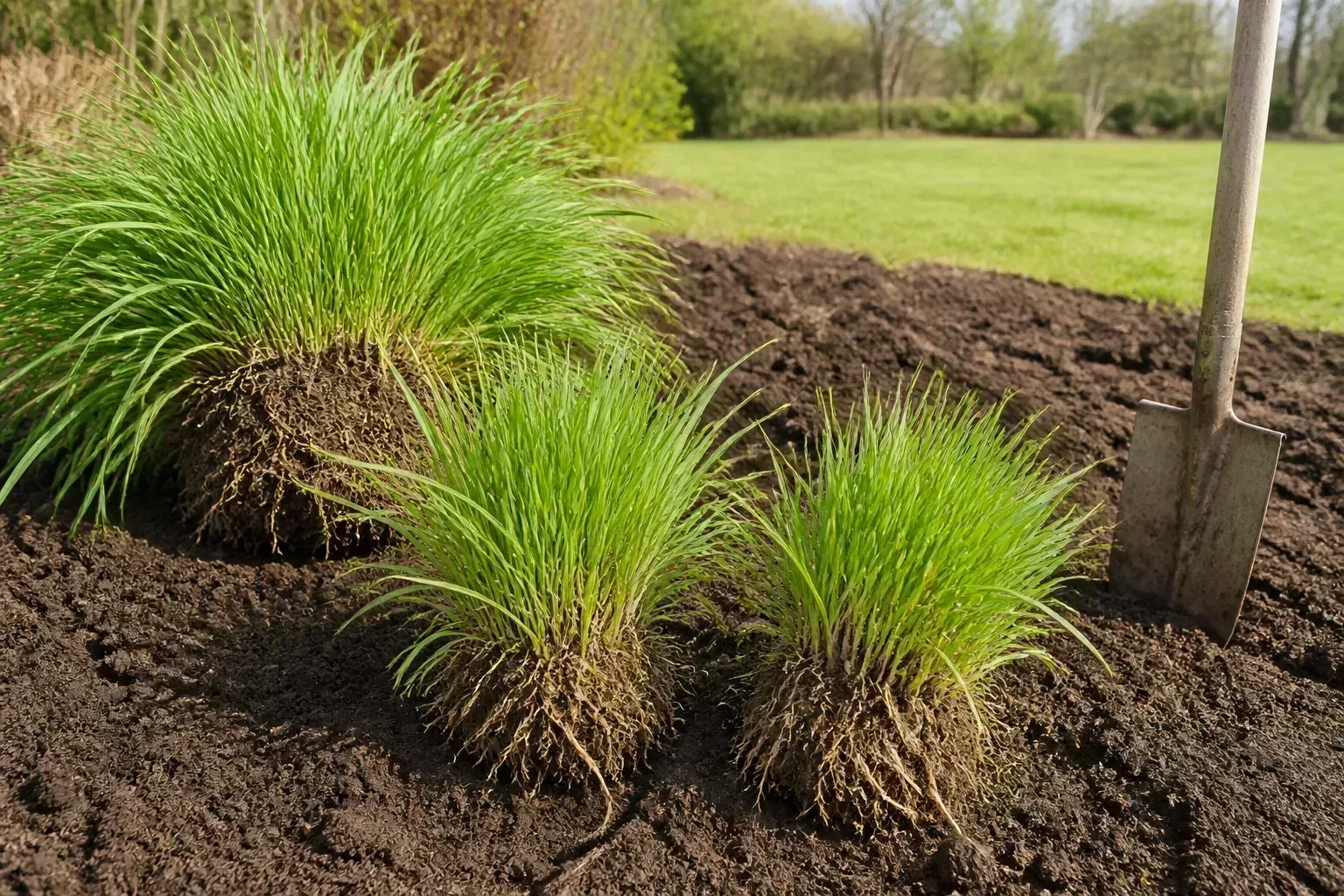 Large ornamental grass clump divided into sections ready for replanting in spring