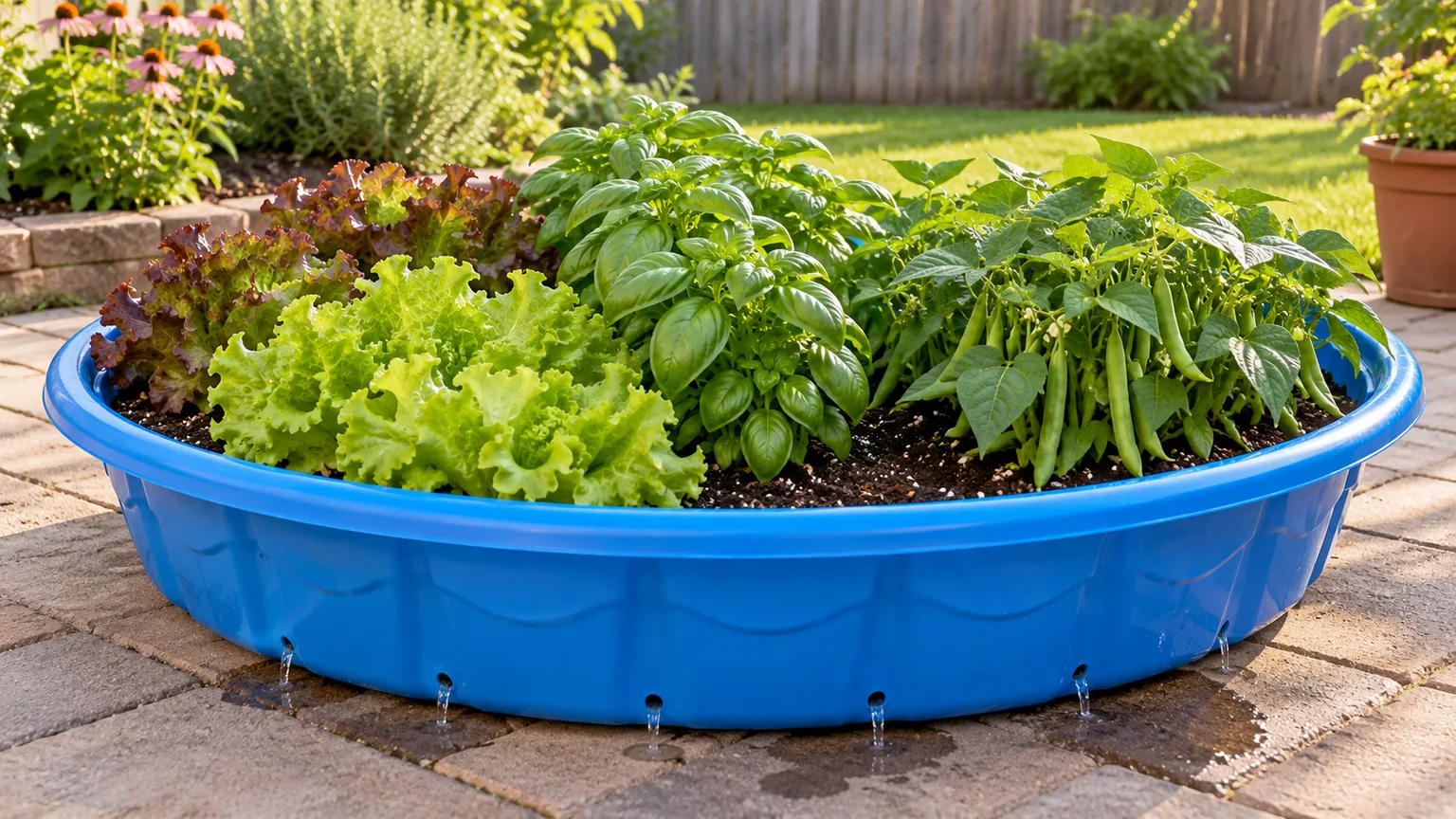 A rigid blue kiddie pool planted with lettuce, basil, and compact beans on a level patio