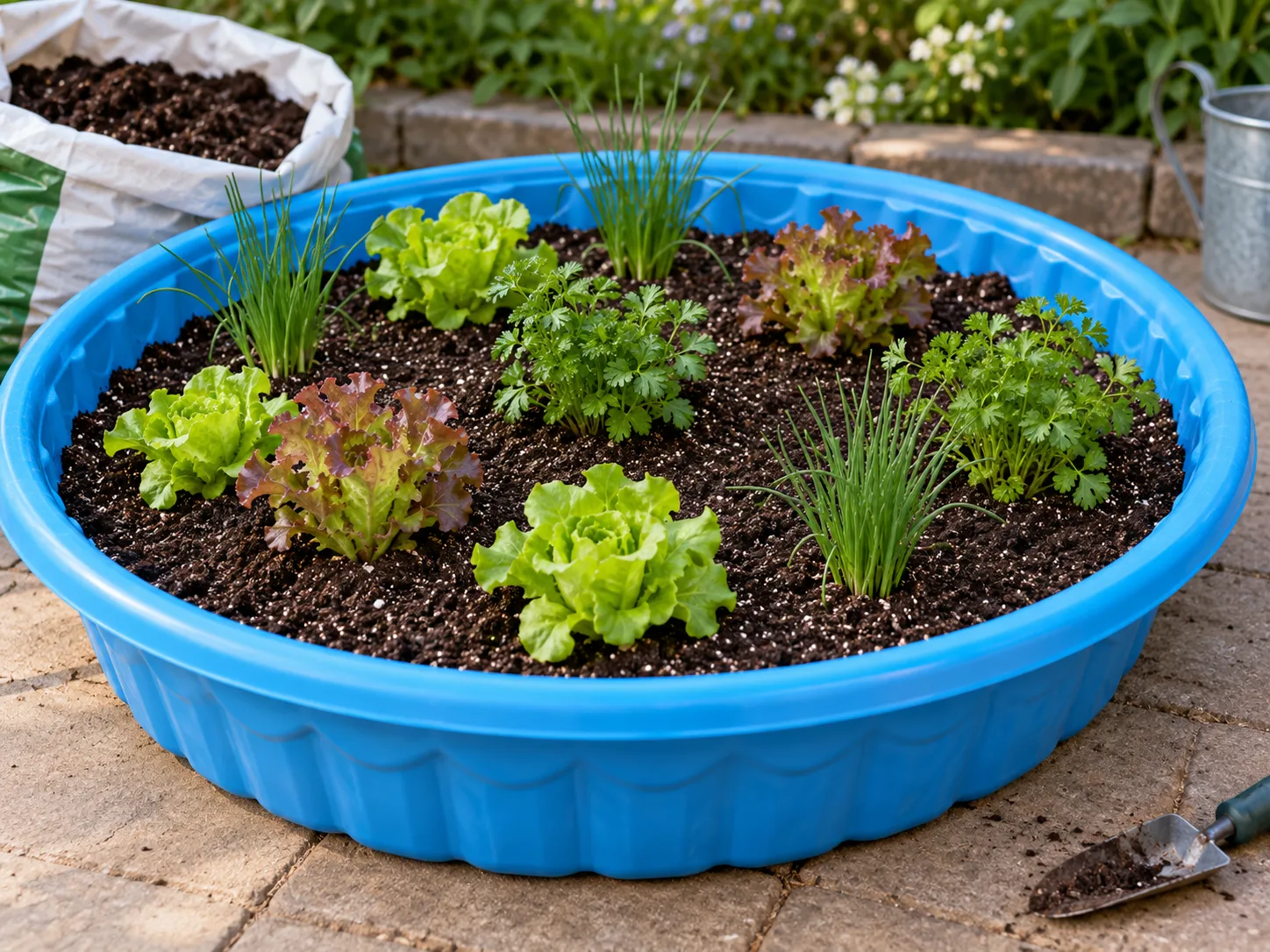 Lettuce, chives, and parsley spaced in container mix in a shallow kiddie-pool planter