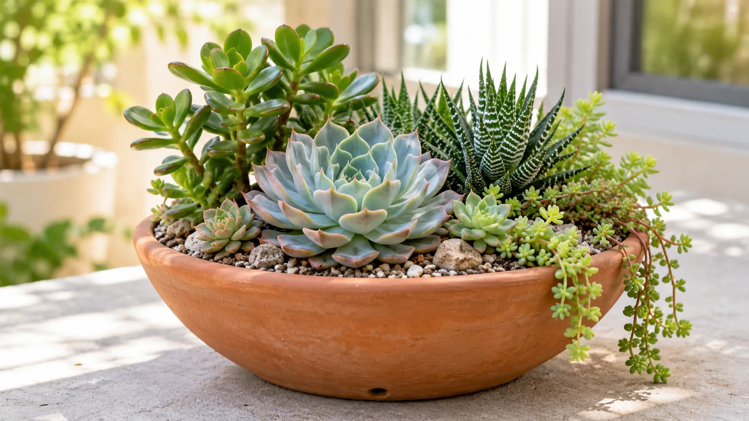 Shallow terracotta bowl with a mixed succulent container garden